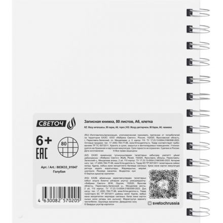 Записная книжка A6 80л клетка Светоч греб,пласт.обл,тисн,голубая 01047