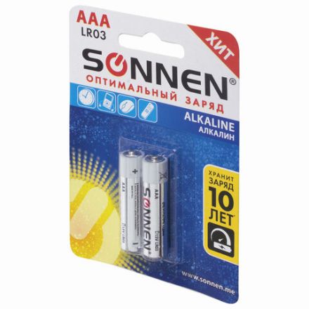 Батарейки КОМПЛЕКТ 2 шт., SONNEN Alkaline, AAA (LR03, 24А), алкалиновые, мизинчиковые, блистер, 451087 Батарейки КОМПЛЕКТ 2 шт., SONNEN Alkaline, AAA (LR03, 24А), алкалиновые, мизинчиковые, блистер, 451087