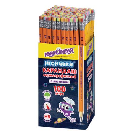 Карандаш чернографитный ЮНЛАНДИЯ, 1 шт., "Неончики", НВ, корпус ассорти, с резинкой, 181589 Карандаш чернографитный ЮНЛАНДИЯ, 1 шт., "Неончики", НВ, корпус ассорти, с резинкой, 181589