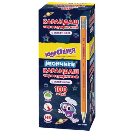 Карандаш чернографитный ЮНЛАНДИЯ, 1 шт., "Неончики", НВ, корпус ассорти, с резинкой, 181589 Карандаш чернографитный ЮНЛАНДИЯ, 1 шт., "Неончики", НВ, корпус ассорти, с резинкой, 181589