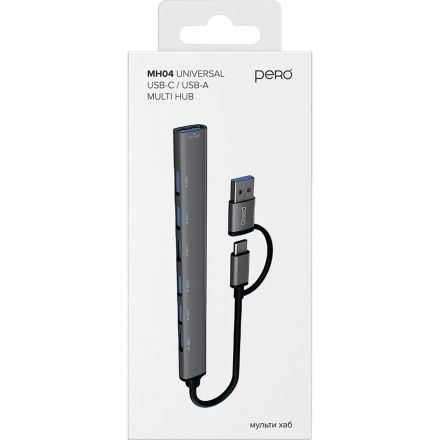 Разветвитель USB PERO MH04, USB-С/USB-A TO USB 3.0 + 6xUSB 2.0, серый Разветвитель USB PERO MH04, USB-С/USB-A TO USB 3.0 + 6xUSB 2.0, серый