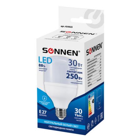 Лампа светодиодная SONNEN, 30 (250) Вт, цоколь Е27, цилиндр, нейтральный белый, 30000 ч, LED Т100-30W-4000-E27, 454923 Лампа светодиодная SONNEN, 30 (250) Вт, цоколь Е27, цилиндр, нейтральный белый, 30000 ч, LED Т100-30W-4000-E27, 454923