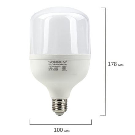 Лампа светодиодная SONNEN, 30 (250) Вт, цоколь Е27, цилиндр, нейтральный белый, 30000 ч, LED Т100-30W-4000-E27, 454923 Лампа светодиодная SONNEN, 30 (250) Вт, цоколь Е27, цилиндр, нейтральный белый, 30000 ч, LED Т100-30W-4000-E27, 454923