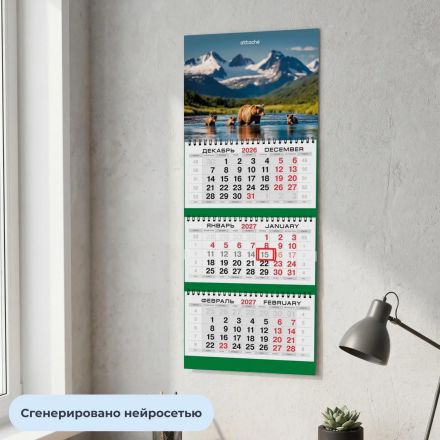 Календарь настенный 3-х блочный 2027 Attache Медведи 295х710мм