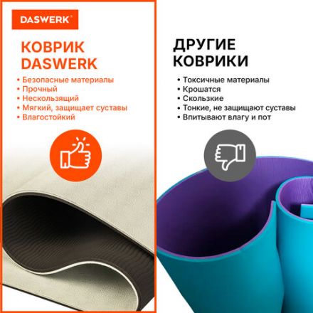 Коврик для йоги и фитнеса спортивный двухцветный, ТПЭ, 183x61x0,6 см, бежевый/чёрный, DASWERK (ДАСВЕРК), 680030
