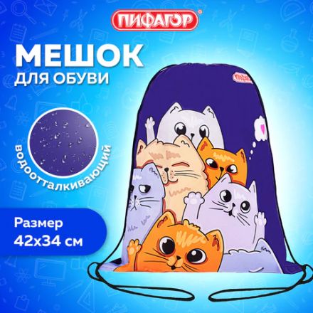 Мешок для обуви ПИФАГОР, 1 отделение, 42х34 см, "Cats greetings", 272382 Мешок для обуви ПИФАГОР, 1 отделение, 42х34 см, "Cats greetings", 272382