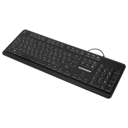 Клавиатура проводная USB, 104 плоские клавиши, LED-подсветка, SONNEN K308, черная, 513947 Клавиатура проводная USB, 104 плоские клавиши, LED-подсветка, SONNEN K308, черная, 513947