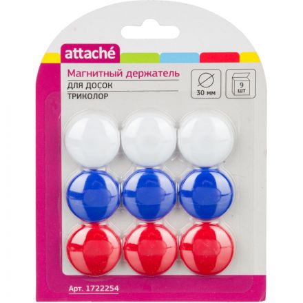 Магнитный держатель Attache для досок Триколор 30 мм,9 шт/уп ассорти Магнитный держатель Attache для досок Триколор 30 мм,9 шт/уп ассорти