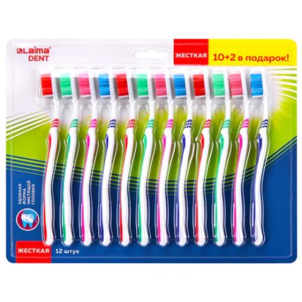 Зубная щетка жесткая, КОМПЛЕКТ 12 шт. (10 + 2 в подарок), LAIMA DENT WHITENING, 609690