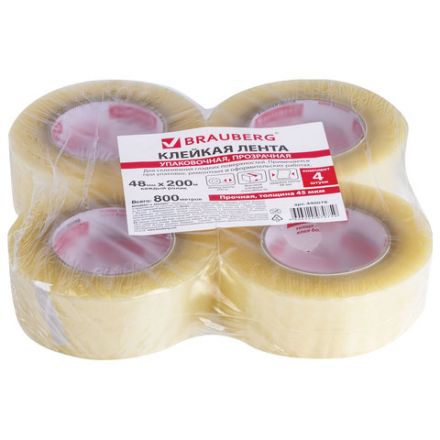 Клейкие ленты упаковочные, 48 мм х 200 м, КОМПЛЕКТ 4 шт., прозрачные, толщина 45 микрон, BRAUBERG, 440078 Клейкие ленты упаковочные, 48 мм х 200 м, КОМПЛЕКТ 4 шт., прозрачные, толщина 45 микрон, BRAUBERG, 440078