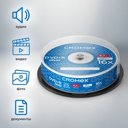 Диск DVD+R (плюс) CROMEX (КРОМЕКС), 4,7 Gb, 16x, Cake Box (упаковка на шпиле), КОМПЛЕКТ 25 шт., 513777 Диск DVD+R (плюс) CROMEX (КРОМЕКС), 4,7 Gb, 16x, Cake Box (упаковка на шпиле), КОМПЛЕКТ 25 шт., 513777