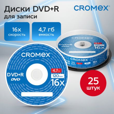 Диск DVD+R (плюс) CROMEX (КРОМЕКС), 4,7 Gb, 16x, Cake Box (упаковка на шпиле), КОМПЛЕКТ 25 шт., 513777