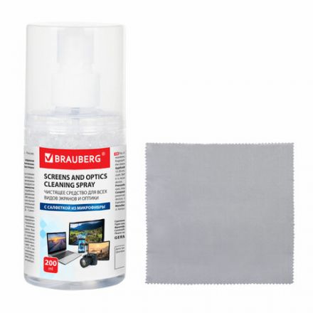 Чистящий набор для экранов всех типов и оптики BRAUBERG, комплект салфетка и спрей, 200 мл, 513560 Чистящий набор для экранов всех типов и оптики BRAUBERG, комплект салфетка и спрей, 200 мл, 513560