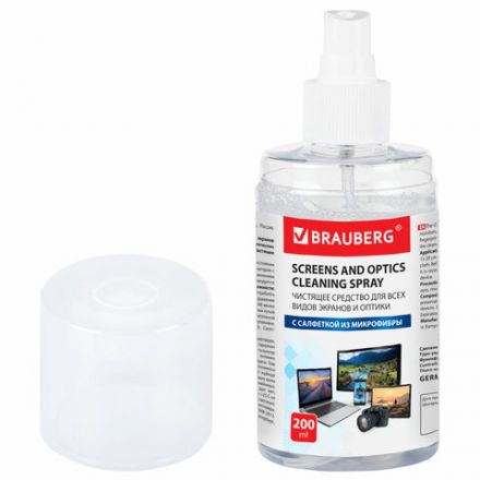 Чистящий набор для экранов всех типов и оптики BRAUBERG, комплект салфетка и спрей, 200 мл, 513560 Чистящий набор для экранов всех типов и оптики BRAUBERG, комплект салфетка и спрей, 200 мл, 513560