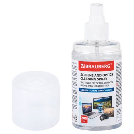 Чистящий набор для экранов всех типов и оптики BRAUBERG, комплект салфетка и спрей, 200 мл, 513560 Чистящий набор для экранов всех типов и оптики BRAUBERG, комплект салфетка и спрей, 200 мл, 513560