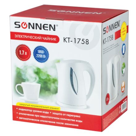 Чайник SONNEN KT-1758, 1,7 л, 2200 Вт, закрытый нагревательный элемент, пластик, белый, 453415 Чайник SONNEN KT-1758, 1,7 л, 2200 Вт, закрытый нагревательный элемент, пластик, белый, 453415