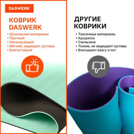Коврик для йоги и фитнеса спортивный двухцветный, ТПЭ, 183x61x0,6 см, светло-зеленый/чёрный, DASWERK (ДАСВЕРК), 680031