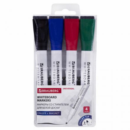 Маркеры стираемые на магните со стирателем для белой доски, 4 ЦВЕТА, BRAUBERG "UNIVERSAL", 3 мм, 152491 Маркеры стираемые на магните со стирателем для белой доски, 4 ЦВЕТА, BRAUBERG "UNIVERSAL", 3 мм, 152491