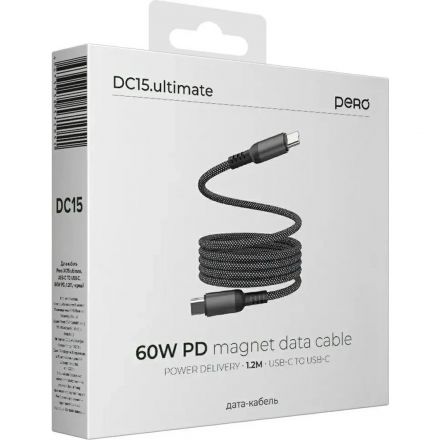 Кабель PERO DC15 ULTIMATE PD Type-C to Type-C, магнитный, 60W, 1.2m, Black Кабель PERO DC15 ULTIMATE PD Type-C to Type-C, магнитный, 60W, 1.2m, Black