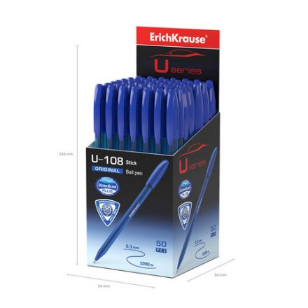 Ручка шариковая ERICH KRAUSE U-108 "Stick Original", СИНЯЯ, узел 1 мм, линия 0,3 мм, 47595