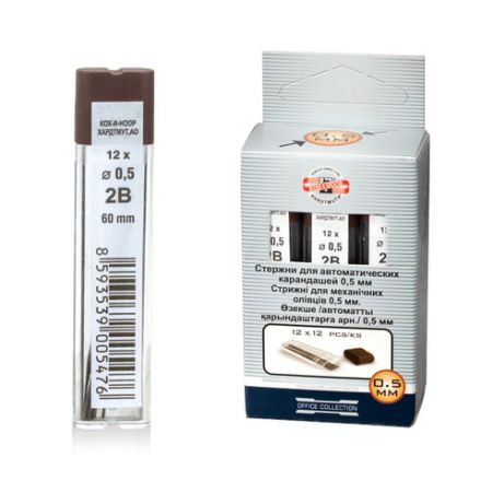 Грифели запасные 0,5 мм, 2B, KOH-I-NOOR, КОМПЛЕКТ 12 шт., 4152/2B, 415202B005PKRU Грифели запасные 0,5 мм, 2B, KOH-I-NOOR, КОМПЛЕКТ 12 шт., 4152/2B, 415202B005PKRU