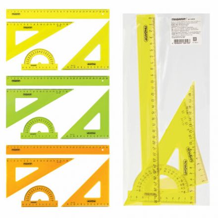 Набор чертежный большой ПИФАГОР (линейка 30 см, 2 треугольника, транспортир), прозрачный, неоновый, пакет, 210629 Набор чертежный большой ПИФАГОР (линейка 30 см, 2 треугольника, транспортир), прозрачный, неоновый, пакет, 210629