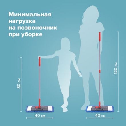 Швабра с флаундером 40 см, черенок 80-120 см, еврорезьба, насадка МОП микрофибра СИНЕЛЬ, индивидуальная упаковка пакет, LAIMA, 606314