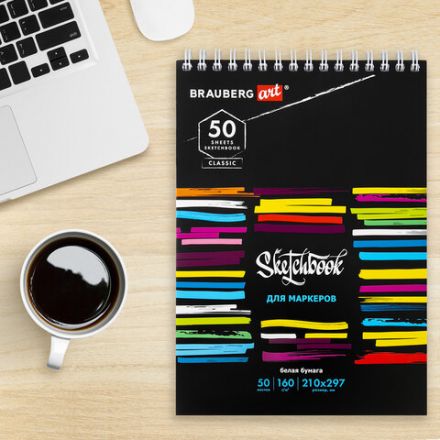 Скетчбук для маркеров, бумага 160 г/м2, 210х297 мм, 50 л., гребень, подложка, BRAUBERG ART CLASSIC, "Неон", 115077 Скетчбук для маркеров, бумага 160 г/м2, 210х297 мм, 50 л., гребень, подложка, BRAUBERG ART CLASSIC, "Неон", 115077