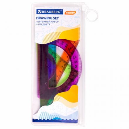 Набор чертежный средний BRAUBERG "FRUITY" (линейка 20 см, 2 треугольника, транспортир), ассорти, пенал, 210771 Набор чертежный средний BRAUBERG "FRUITY" (линейка 20 см, 2 треугольника, транспортир), ассорти, пенал, 210771