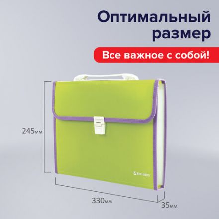 Папка-портфель пластиковая BRAUBERG "JOY", А4 (330х245х35 мм), 13 отделений, с окантовкой, салатовая, 227974