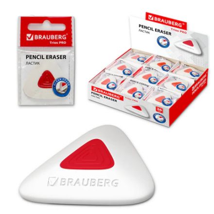 Ластик BRAUBERG "Trios PRO", 36х36х9 мм, белый, треугольный, красный пластиковый держатель, 229559