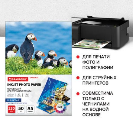 Фотобумага глянцевая, А5, 230 г/м2, односторонняя, 50 листов, BRAUBERG ORIGINAL, 363977 Фотобумага глянцевая, А5, 230 г/м2, односторонняя, 50 листов, BRAUBERG ORIGINAL, 363977