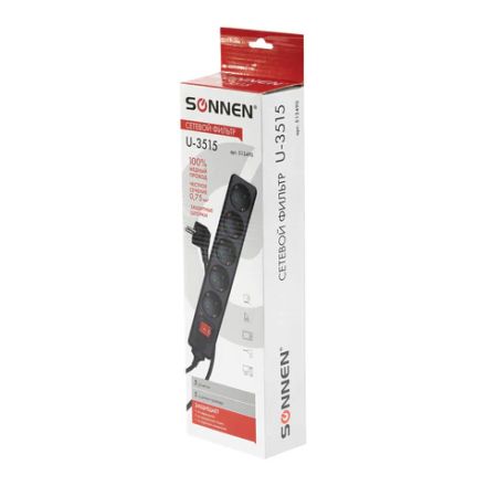 Сетевой фильтр SONNEN U-3515, 5 розеток, с заземлением, выключатель, 10 А, 5 м, черный, 513490 Сетевой фильтр SONNEN U-3515, 5 розеток, с заземлением, выключатель, 10 А, 5 м, черный, 513490