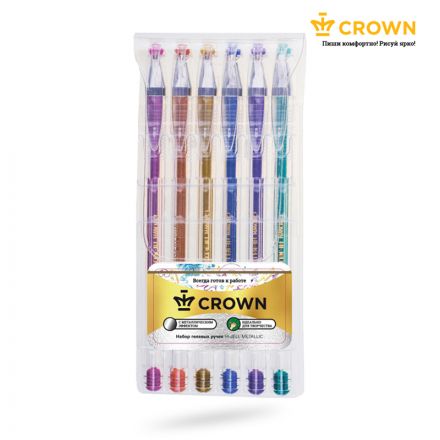 Набор гелевых ручек Crown "Hi-Jell Metallic" 6шт., 06цв., 0,7мм, металлик, ПВХ уп., европодвес Набор гелевых ручек Crown "Hi-Jell Metallic" 6шт., 06цв., 0,7мм, металлик, ПВХ уп., европодвес