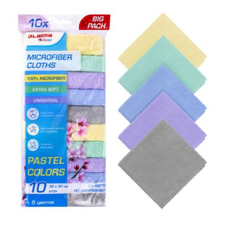 Салфетки из МИКРОФИБРЫ 30х30 см PASTEL COLOUR, big pack, КОМПЛЕКТ 10 штук, 180 г/м2, LAIMA HOME, 700608