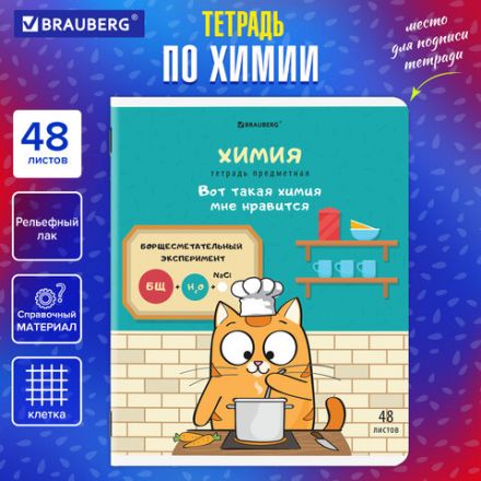 Тетрадь предметная "КОТ-ЭНТУЗИАСТ" 48 л., TWIN-лак, ХИМИЯ, клетка, подсказ, BRAUBERG, 404567 Тетрадь предметная "КОТ-ЭНТУЗИАСТ" 48 л., TWIN-лак, ХИМИЯ, клетка, подсказ, BRAUBERG, 404567