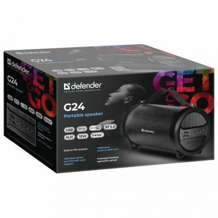 Колонка портативная DEFENDER G24, 1.0, 10 Вт, Bluetooth, FM-тюнер, microSD, чёрная, 65124 Колонка портативная DEFENDER G24, 1.0, 10 Вт, Bluetooth, FM-тюнер, microSD, чёрная, 65124