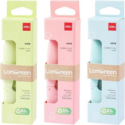Корректирующая лента Deli LonGreen EH378,5мм х 6м, 65% PCR, 3цв в асс Корректирующая лента Deli LonGreen EH378,5мм х 6м, 65% PCR, 3цв в асс