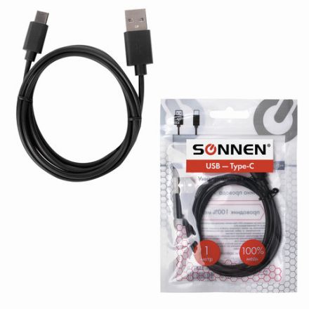 Кабель USB 2.0 – Type-C, 1 м, SONNEN, медь, для передачи данных и зарядки, черный, 513117 Кабель USB 2.0 – Type-C, 1 м, SONNEN, медь, для передачи данных и зарядки, черный, 513117
