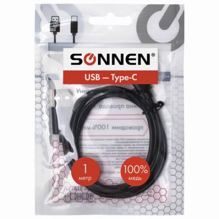 Кабель USB 2.0 – Type-C, 1 м, SONNEN, медь, для передачи данных и зарядки, черный, 513117 Кабель USB 2.0 – Type-C, 1 м, SONNEN, медь, для передачи данных и зарядки, черный, 513117