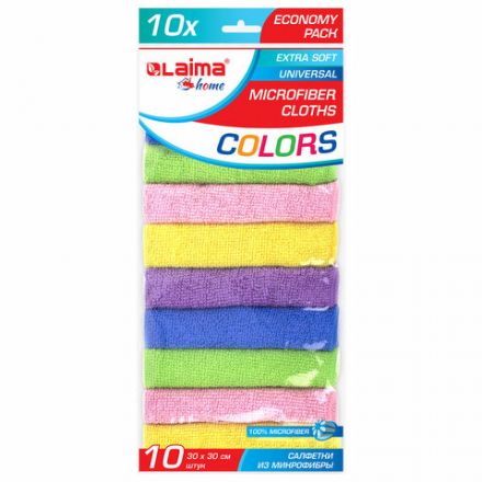 Салфетки из МИКРОФИБРЫ 30х30 см MULTI COLOUR, big pack, КОМПЛЕКТ 10 шт., 180 г/м2, LAIMA HOME, 607794