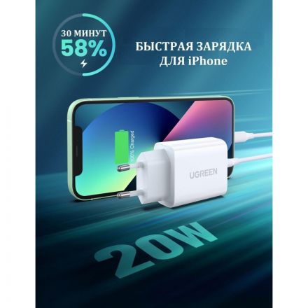 Зарядное устройство UGREEN сетевое USB C 20W PD, цвет белый (60450) Зарядное устройство UGREEN сетевое USB C 20W PD, цвет белый (60450)