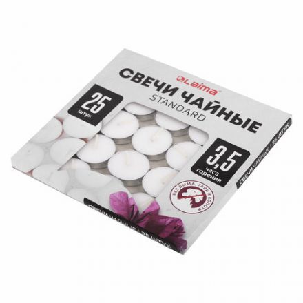 Свечи чайные Standard, до 3,5 часов горения, вес 9 г, КОМПЛЕКТ 25 шт., в гильзе, LAIMA, 609196 Свечи чайные Standard, до 3,5 часов горения, вес 9 г, КОМПЛЕКТ 25 шт., в гильзе, LAIMA, 609196