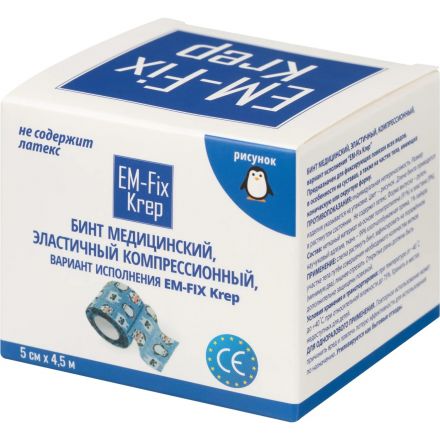 Бинт эласт 5см х 4,5м EM-FIX KREP, детский с рисунком, синий