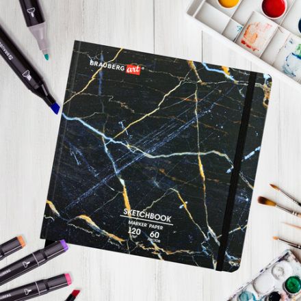 Скетчбук для маркеров 120 г/м2, 195х195 мм, 60 л., твердая обложка, резинка, BRAUBERG ART PREMIERE, "Мрамор", 115105