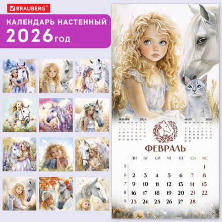 Календарь настенный перекидной 2026 г., BRAUBERG, 12 листов, 28,5х28,5 см, "Лошадка и девочка", 116937 Календарь настенный перекидной 2026 г., BRAUBERG, 12 листов, 28,5х28,5 см, "Лошадка и девочка", 116937