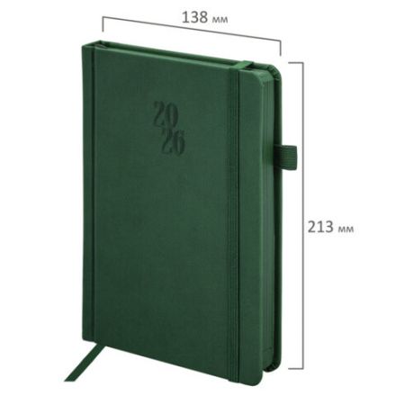 Ежедневник датированный 2026, А5, 138х213 мм, BRAUBERG "Plain", под кожу, резинка, держатель для ручки, темно-зеленый, 117507 Ежедневник датированный 2026, А5, 138х213 мм, BRAUBERG "Plain", под кожу, резинка, держатель для ручки, темно-зеленый, 117507
