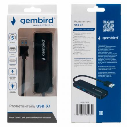 Хаб USB 3.1, 2хUSB, 2хType-C, с дополнительным питанием (Type-C), кабель USB 19 см, черный, GEMBIRD UHB-C415 Хаб USB 3.1, 2хUSB, 2хType-C, с дополнительным питанием (Type-C), кабель USB 19 см, черный, GEMBIRD UHB-C415