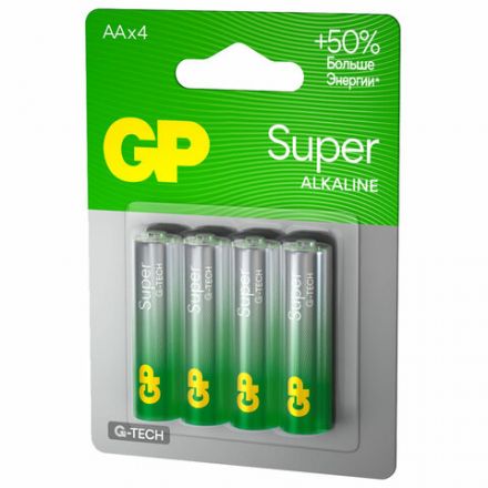 Батарейки КОМПЛЕКТ 4 шт., GP Super G-Tech, AA (LR6, 15А), алкалиновые, пальчиковые, блистер, 15A-2CR4