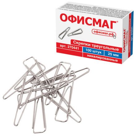 Скрепки ОФИСМАГ, 25 мм, никелированные, треугольные, 100 шт., в картонной коробке, 270441 Скрепки ОФИСМАГ, 25 мм, никелированные, треугольные, 100 шт., в картонной коробке, 270441